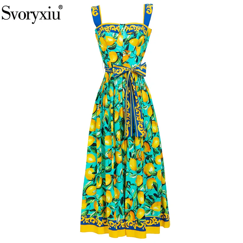 

Svoryxiu 2022 Fashion Runway Summer Cotton Dress Women Bohemia Vacation Lemon Print Belted Elegant Spaghetti Strap Long Dress