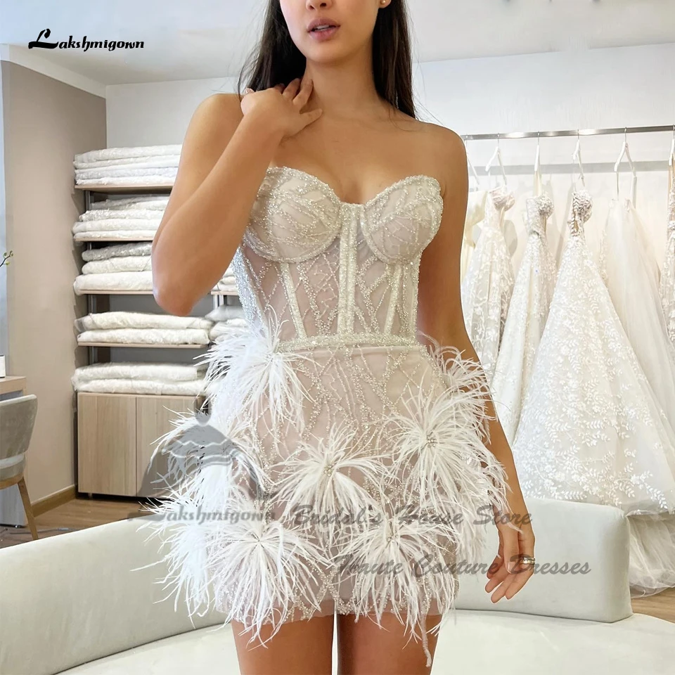 

lakshmigown Sparkly Feather Short Wedding Dress For Bride Beach Summer 2023 Vestido Sexy Women Dinner Party Gowns Off Shoulder
