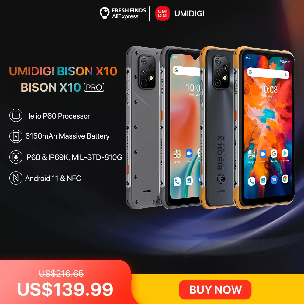 

NEW2023 In Stock UMIDIGI BISON X10 / X10 PRO Android Rugged Smartphone IP68 IP69K 64GB/128GB NFC 20MP Triple Camera 6150mAh Cell