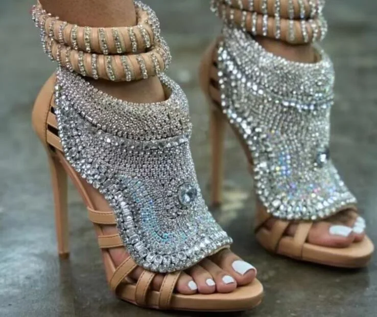 

Luxury Crystal Rhinestone Pearl Embellished Peep toe Sandals Woman Apricot Black Patchwork Gladiator Cuts Out High Heel Shoes