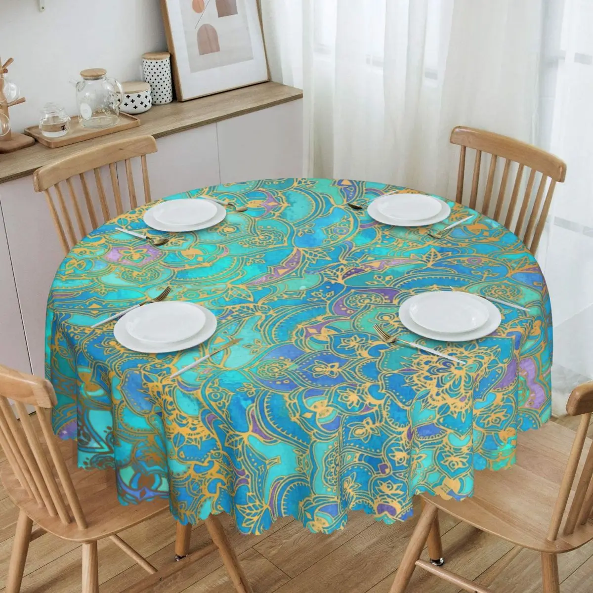 

Round Waterproof Sapphire Jade Stained Glass Mandalas Table Cover Boho Flower Pattern Tablecloth for Picnic 60 inch Table Cloth