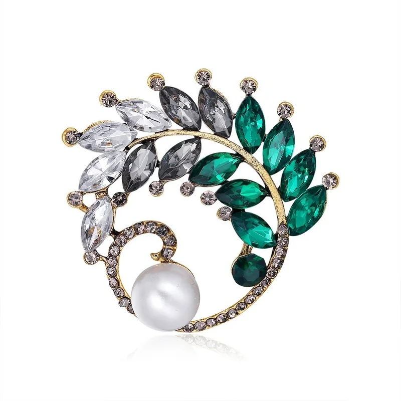 

Colorful Crystal Geometry Leaf Brooch Pins with Simulated Pearl Bouquet Green Rhinestone Brooches Jewelry Gift for Women Girls