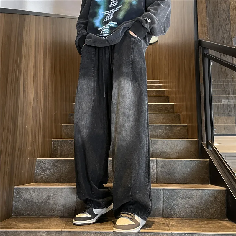 

Джинсы мужские с широкими штанинами, модные прямые мешковатые брюки из денима с эластичным поясом, повседневные свободные штаны в японском и корейском стиле, A75