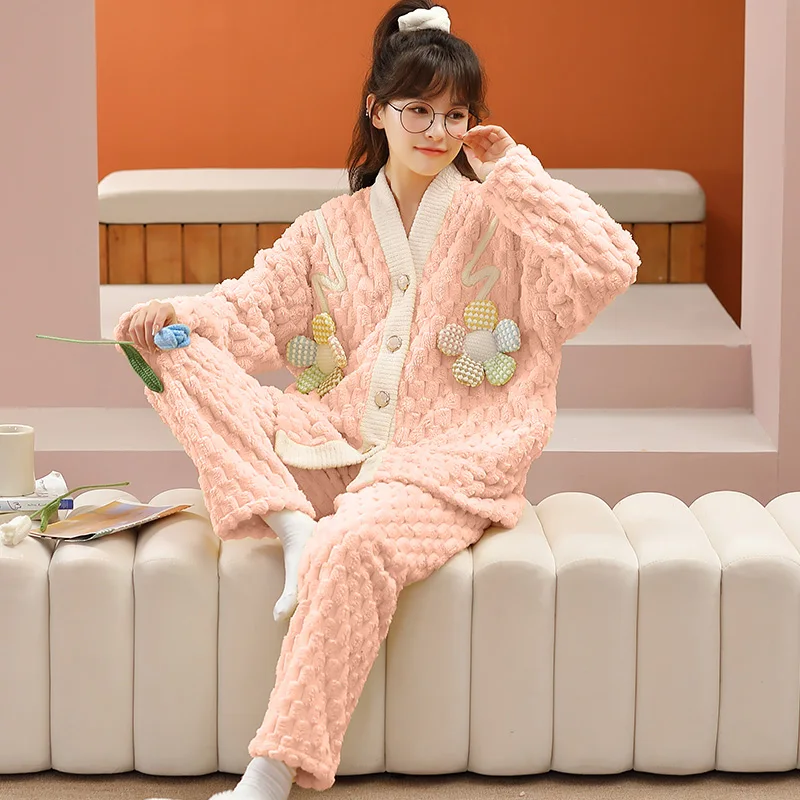 Women's Pajamas Set Winter Elastic Waist Thicken Warm Flannel Sleepwear Set Flower Women's Long Sleeve Girls Homewear Clothes
Women's Pajamas Set Winter Elastic Waist Thicken Warm Flannel Sleepwear Set Flower Women's Long Sleeve Girls Homewear Clothes