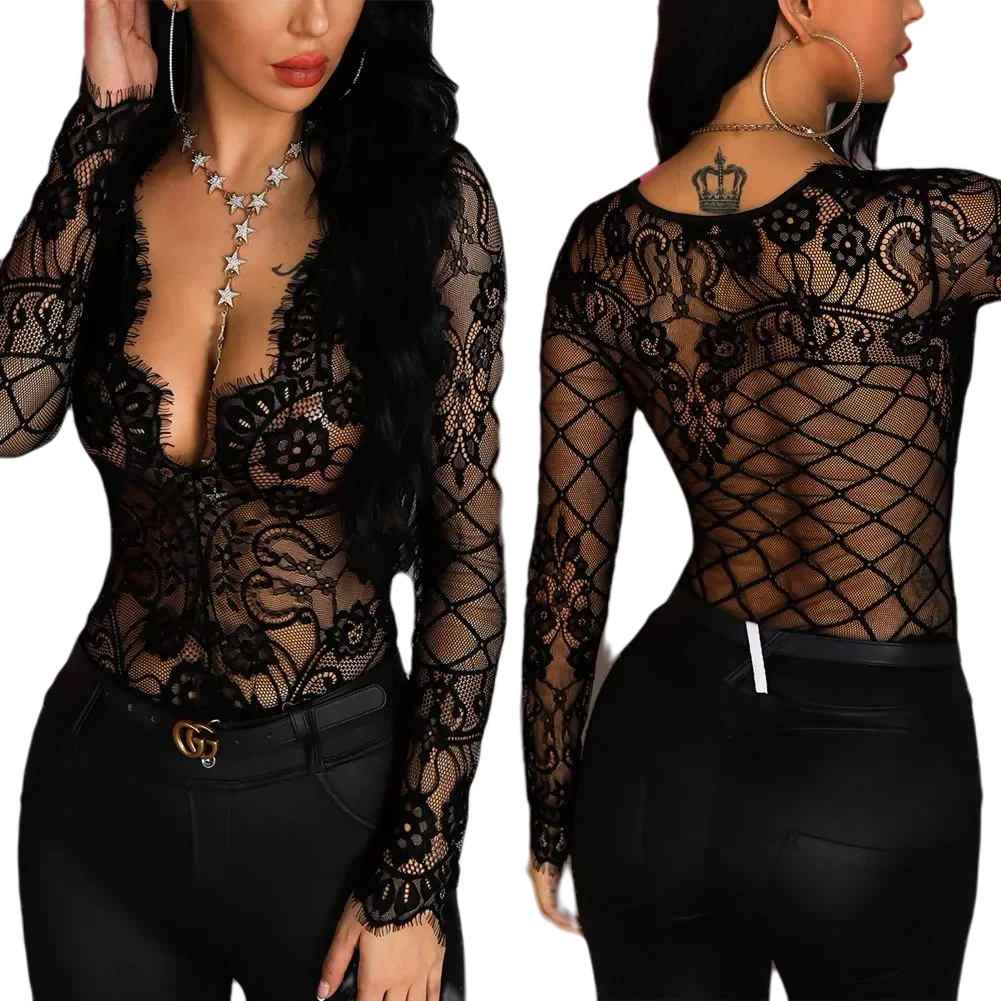 2023NEW Black sexy Lace Bodysuits Transparent Long sleeve deep V-neck Jumpsuit Femme Elegant Tops 2020 New
2023NEW Black sexy Lace Bodysuits Transparent Long sleeve deep V-neck Jumpsuit Femme Elegant Tops 2020 New