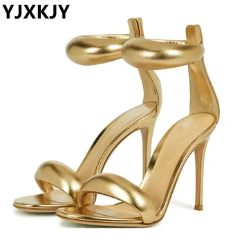 YJXKJY 2023 New Thin High-Heel Simple Women Gold Summer Rhinestone Sandals Concise Style One-strap Sexy Prom Ladies Party Shoes