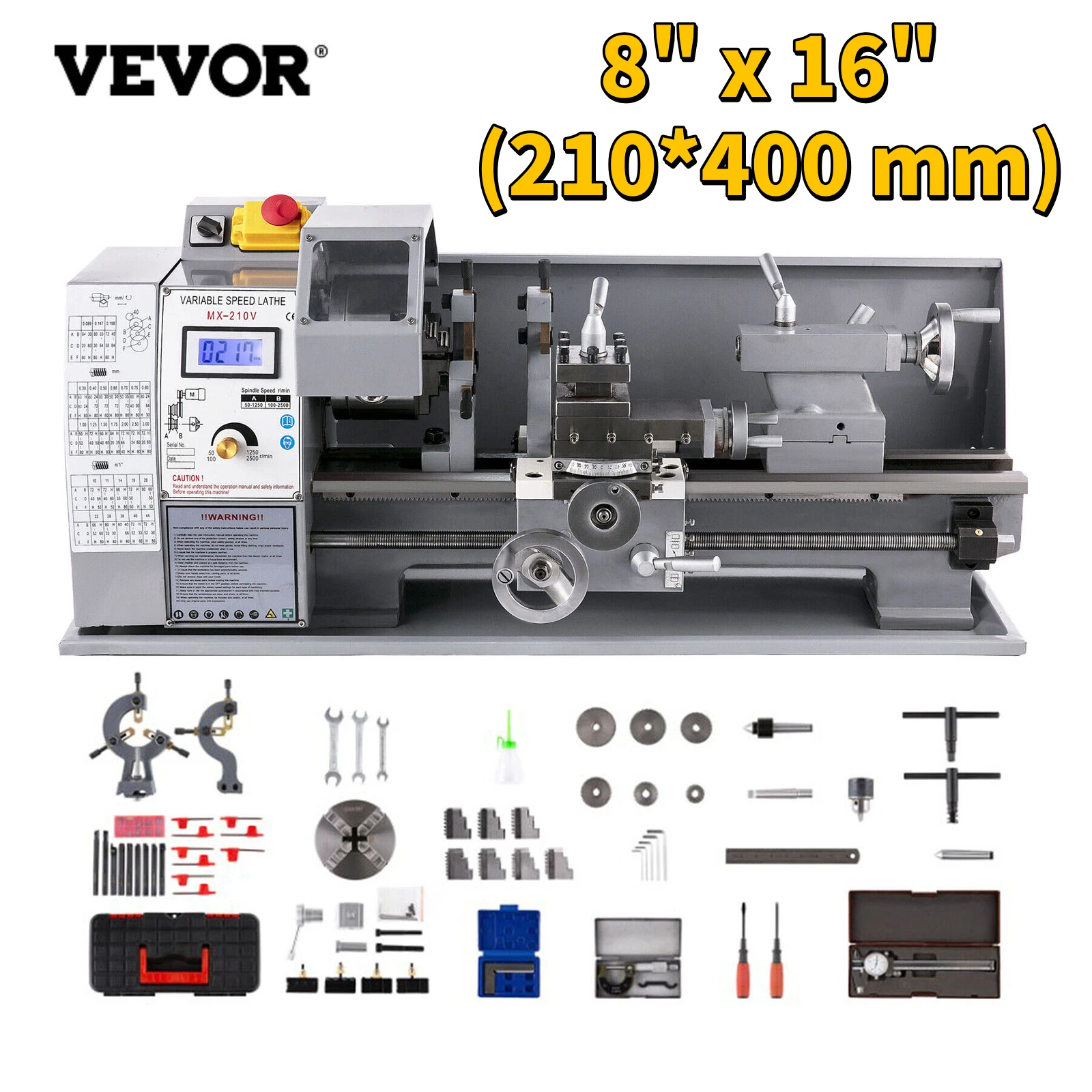 VEVOR 8" x 16" WM210V Mini Metal Lathe 750W 210mm x 400mm Variable Speed Digital Screen for Metal Turning Drilling & Threading
VEVOR 8" x 16" WM210V Mini Metal Lathe 750W 210mm x 400mm Variable Speed Digital Screen for Metal Turning Drilling & Threading