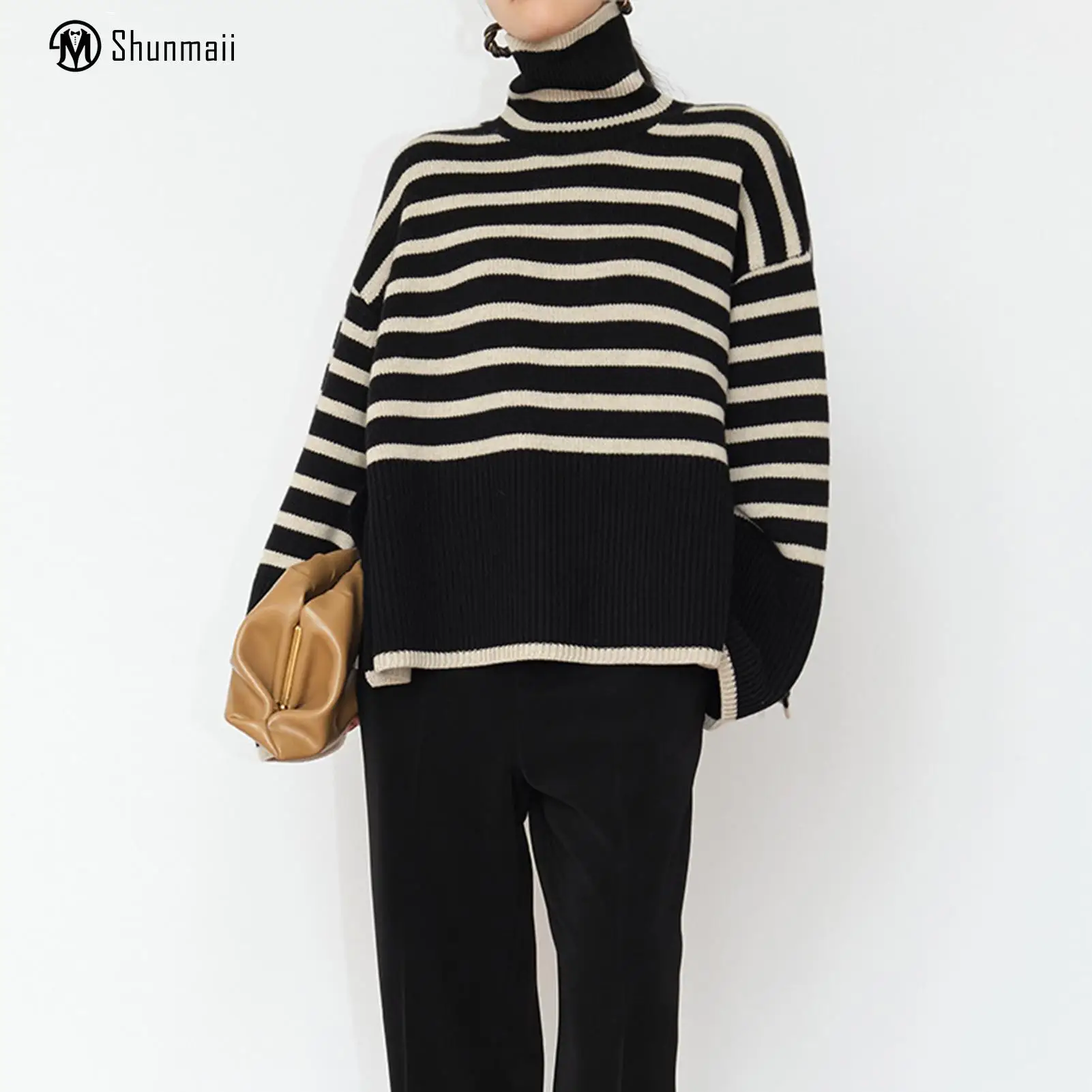 High Collar Ladies Oversized Jumpers Women Sweater Pullover Horizontal Striped Cozy Sweaters Loose Fit Side Slit Daily Outfit
High Collar Ladies Oversized Jumpers Women Sweater Pullover Horizontal Striped Cozy Sweaters Loose Fit Side Slit Daily Outfit