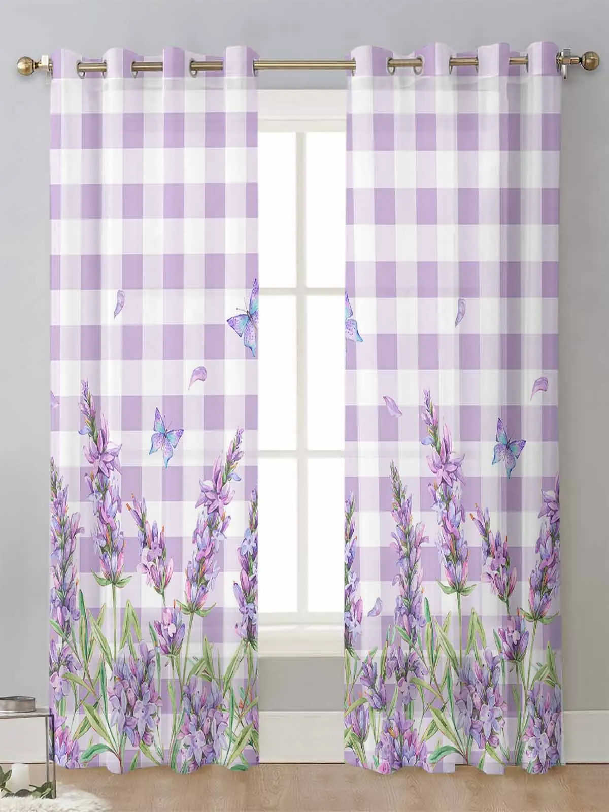 

Purple Lavender Flower Butterfly Purple Plaid Sheer Curtains Living Room Window Voile Tulle Curtain Cortinas Drapes Home Decor