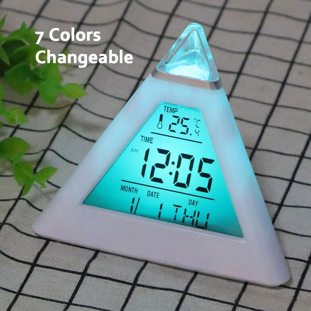 

Pyramid LCD Alarm Table Clock Thermometer Digital Table Clock 7 Colors Backlight Changeable Led Clock Home Night Light