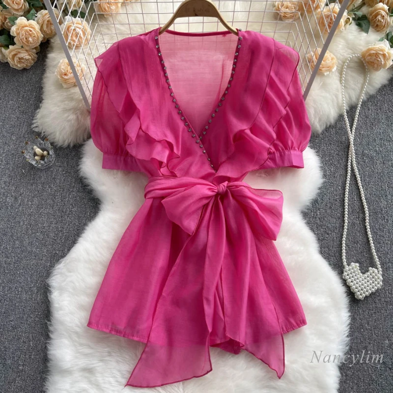 2023 Summer Fall New Waist-Tight Slimming Blouses Womens Beaded V-neck Lace-up Bow Waist Mesh Chiffon Top Shirts Travel Tops
2023 Summer Fall New Waist-Tight Slimming Blouses Womens Beaded V-neck Lace-up Bow Waist Mesh Chiffon Top Shirts Travel Tops