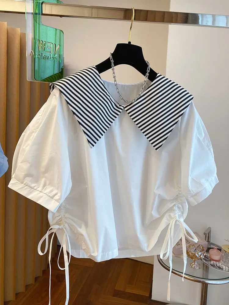 Korean Style Striped Lapel Hem Drawstring Shirt Women's Short Sleeved Loose Fitting Top
Korean Style Striped Lapel Hem Drawstring Shirt Women's Short Sleeved Loose Fitting Top