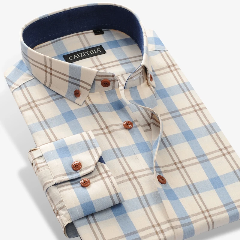

Design Gingham 100% Contrast Long Down Checkered Button Men's Shirt Shirts Standard-fit Casual Sleeve Pocket-less Cotton Plaid