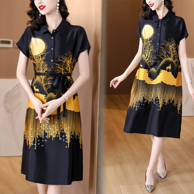 Summer New Women's Dress Lapel Short Sleeve Satin Dress Loose Fitting Casual Fashion Printed Dresses
Summer New Women's Dress Lapel Short Sleeve Satin Dress Loose Fitting Casual Fashion Printed Dresses