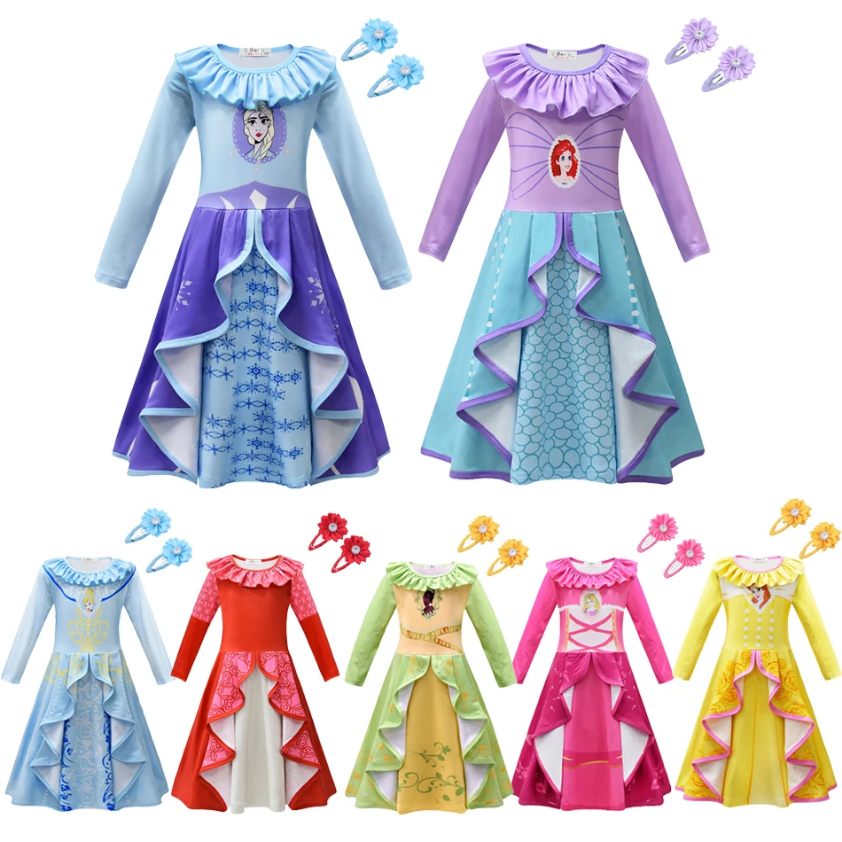 

Frozen Elsa Princess Dress Girls Cinderella Mermaid Ariel Tiana Belle Rapunzel Cartoon Print Spring Autumn Dress Kids Costume