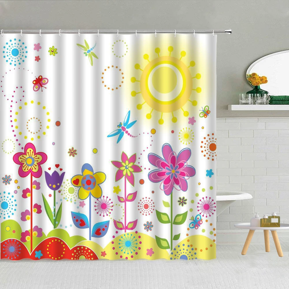 

Весенняя занавеска для душа с цветами, птицами, растениями, зелеными листьями, бабочками, украшение для ванной комнаты, водонепроницаемые тканевые крючки, набор штор для ванной