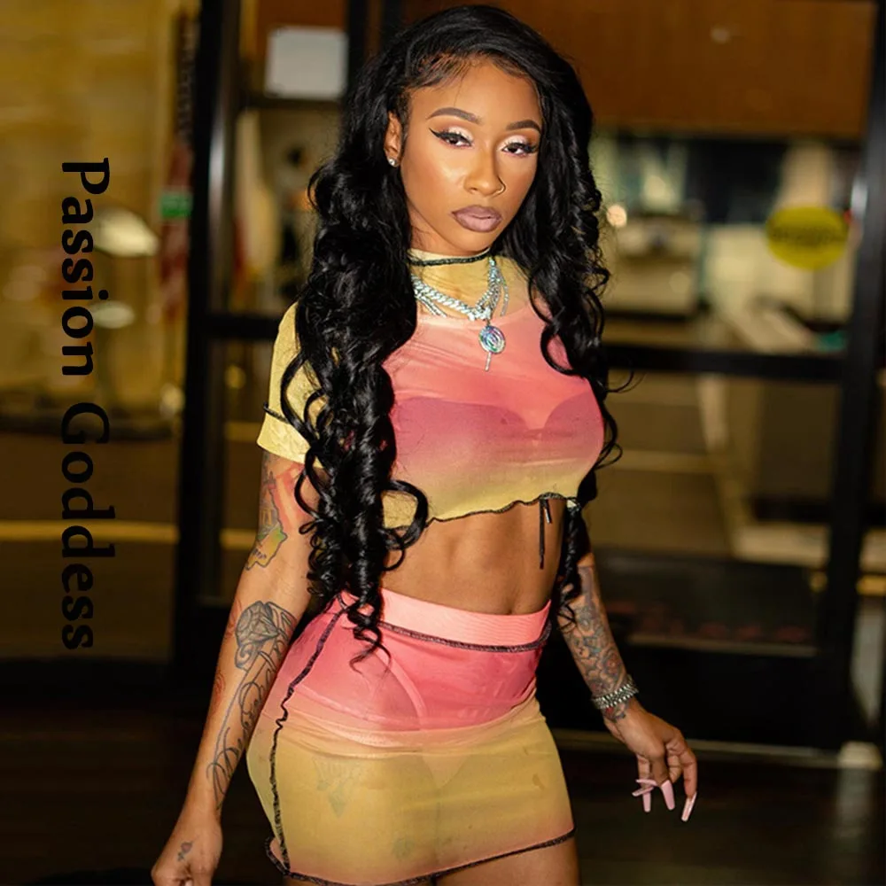 Summer Sexy Women Gradient Mesh 2 Piece Skirts Sets Slim Crop Shirts Bodycon Mini Skirts Two Piece Outfits Party Nightclub Suits
Summer Sexy Women Gradient Mesh 2 Piece Skirts Sets Slim Crop Shirts Bodycon Mini Skirts Two Piece Outfits Party Nightclub Suits