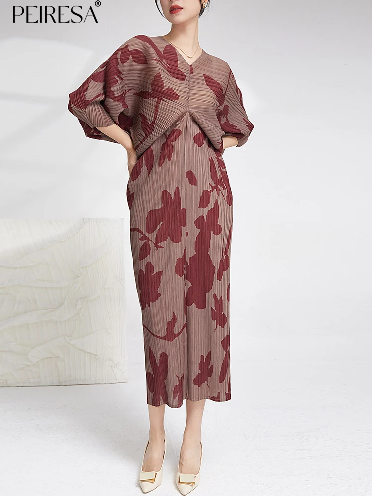 

PEIRESA Miyake Floral Printed Pleated Dresses For Women 2023 New Fashion V Neck Batwing Sleeve Loose Vintage Midi Dress Summer