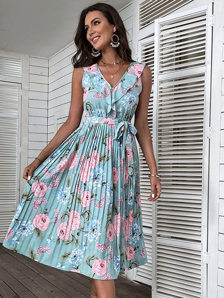 Msfilia Women V Neck Sleeveless High Waist Summer Print Beach Blue Ruffle Flower Sling Chic Dress For Fashion
Msfilia Women V Neck Sleeveless High Waist Summer Print Beach Blue Ruffle Flower Sling Chic Dress For Fashion