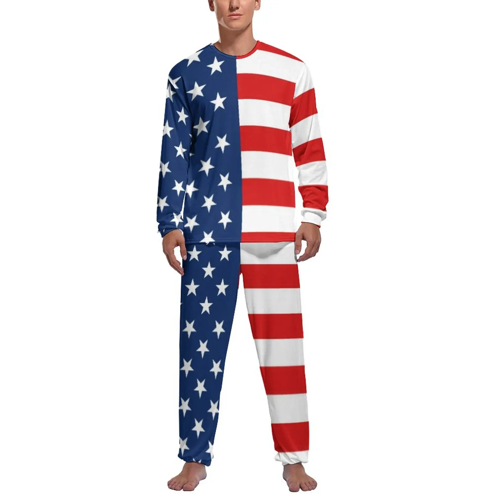 

American Flag 4th of July Pajamas Man Stars and Stripes Print Kawaii Sleepwear Long Sleeve 2 Pieces Casual Custom Pajama Sets