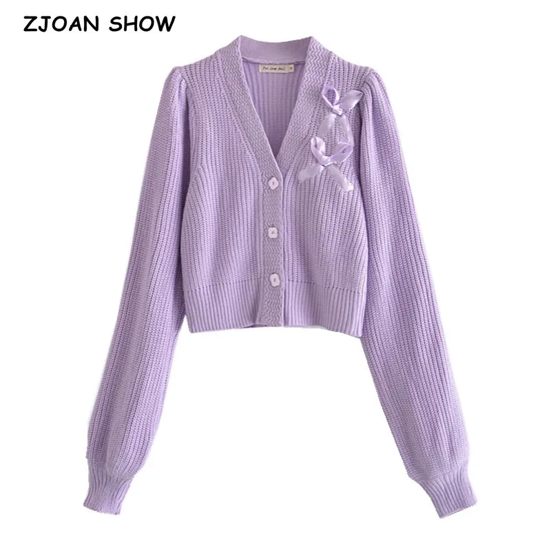 Vintage Purple Spliced Ribbon Bow Knitted Cardigan Women V neck Single-breasted Button Sweater Full Puff sleeve Short Jumper
Vintage Purple Spliced Ribbon Bow Knitted Cardigan Women V neck Single-breasted Button Sweater Full Puff sleeve Short Jumper
