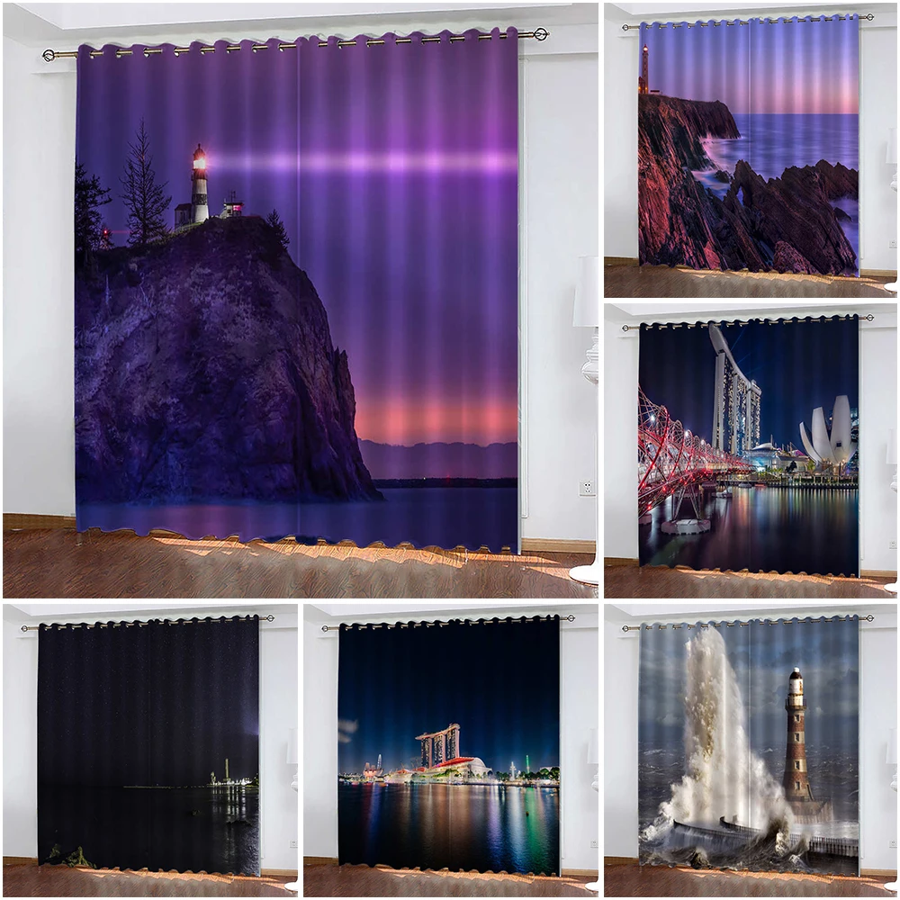 

Lighthouse Print Seaside Scenery Curtains Woven Blackout Curtains Biparting Open Curtains for Living Room Cortina De Sombra