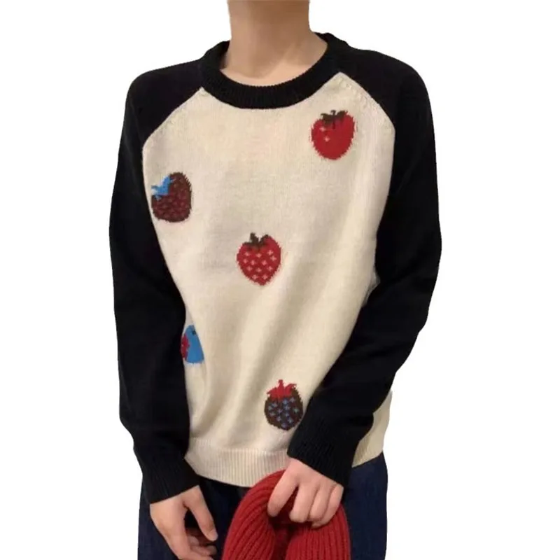 

Strawberry Print Sweater Women's Pullovers O Neck Loose Knitwear Female Tops 2024 Autumn Casual Knit Jumper Sweater For Women