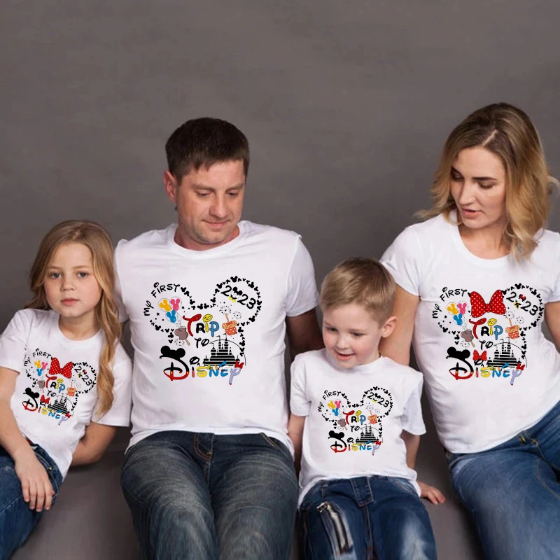 

My First Trip To Disney 2023 Family Matching Shirts Mickey Minnie Disneyland Vacation Clothes Family Look Dad Mom Kids Tshirts