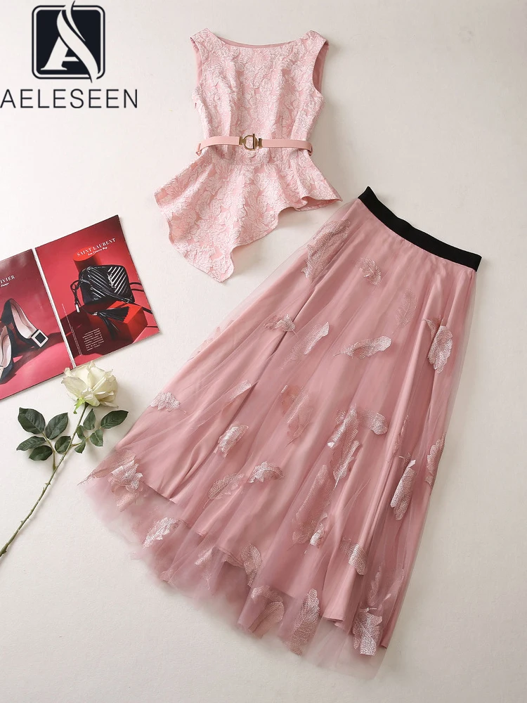 

AELESEEN Runway Fashion Women Skirt Set Summer Flower Print Jacquard Sleeveless Irregular Top + Flower Embroidery Skirt Elegant