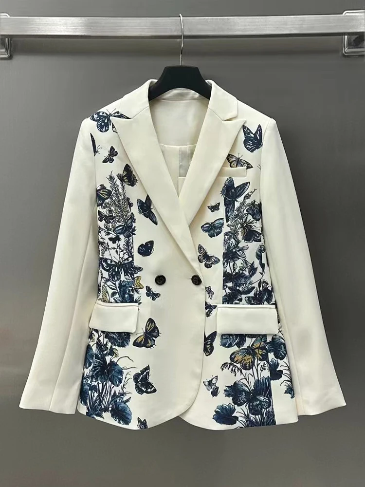 Женский двубортный блейзер с принтом, дизайнерский приталенный Блейзер с лацканами-бабочками, универсальный, в винтажном стиле, для осени 
Женский двубортный блейзер с принтом, дизайнерский приталенный Блейзер с лацканами-бабочками, универсальный, в винтажном стиле, для осени