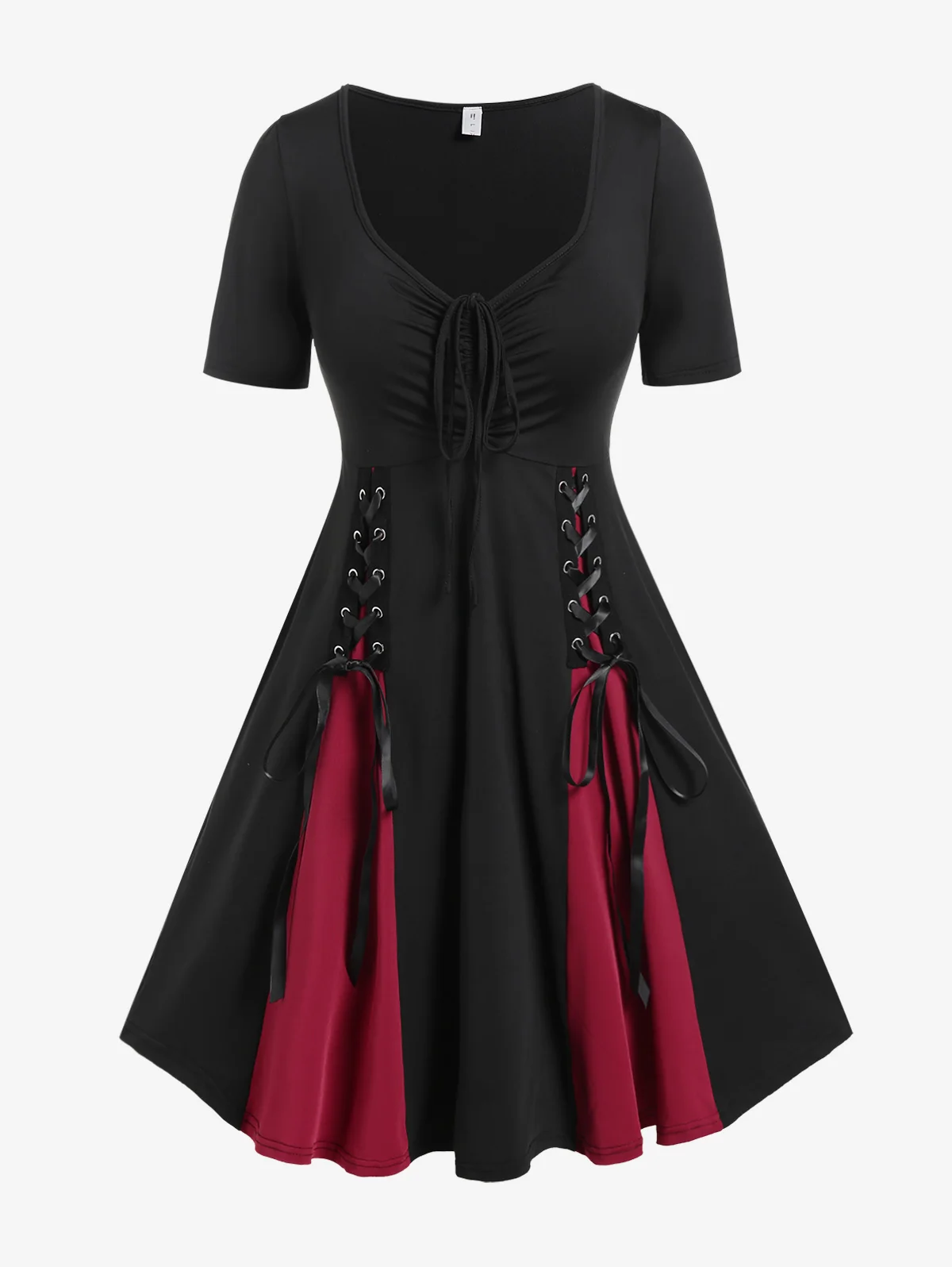 

ROSEGAL Gothic Lace-up Cinched A Line Dresses Women High Waist V Neck Two Tone Godet Hem Party Dress Knee Length Vestidos 5XL