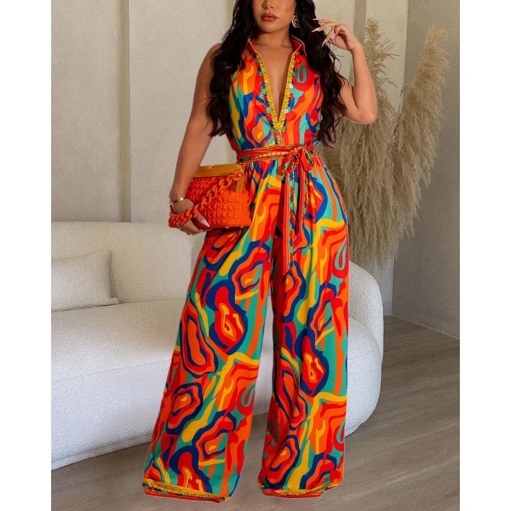 Women Abstract Print Wide Leg Jumpsuit with Belt Sleeveless Turn-down Neck One-pieces Casual Birthday Outfits for Women Y2K
Women Abstract Print Wide Leg Jumpsuit with Belt Sleeveless Turn-down Neck One-pieces Casual Birthday Outfits for Women Y2K