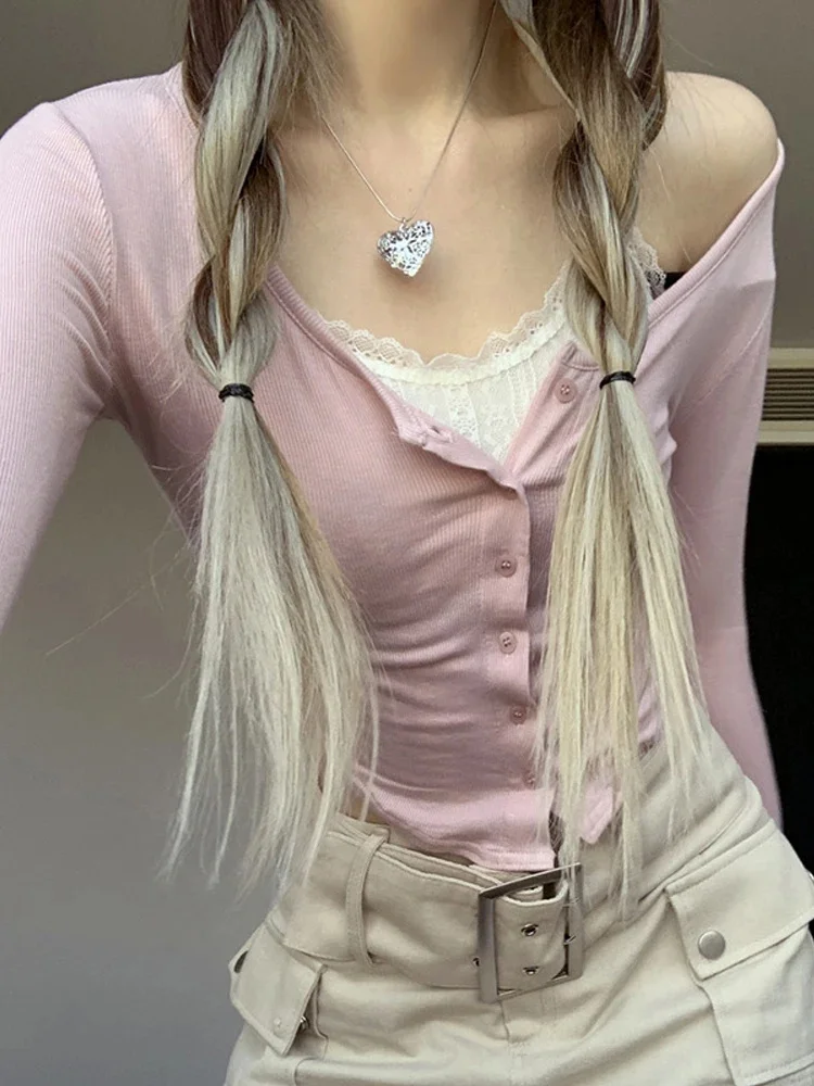 Sweet Pink Knitted T-shirt Women Y2k Lace Patchwork Crop Top Long Sleeve Slim Pullovers Retro Fake Two Piece Tops Tees Camisetas
Sweet Pink Knitted T-shirt Women Y2k Lace Patchwork Crop Top Long Sleeve Slim Pullovers Retro Fake Two Piece Tops Tees Camisetas