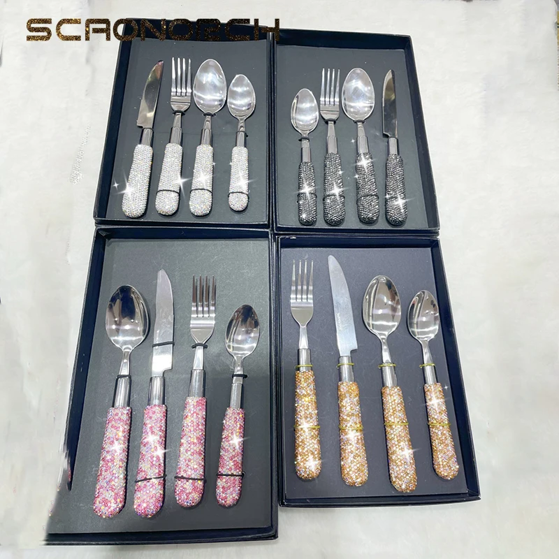 4 Pcs Bling Rhinestones Stainless Steel Tableware Cutlery Steak Knife Fork Spoon Dinner Flatware Household Party Dinnerware Set
4 Pcs Bling Rhinestones Stainless Steel Tableware Cutlery Steak Knife Fork Spoon Dinner Flatware Household Party Dinnerware Set