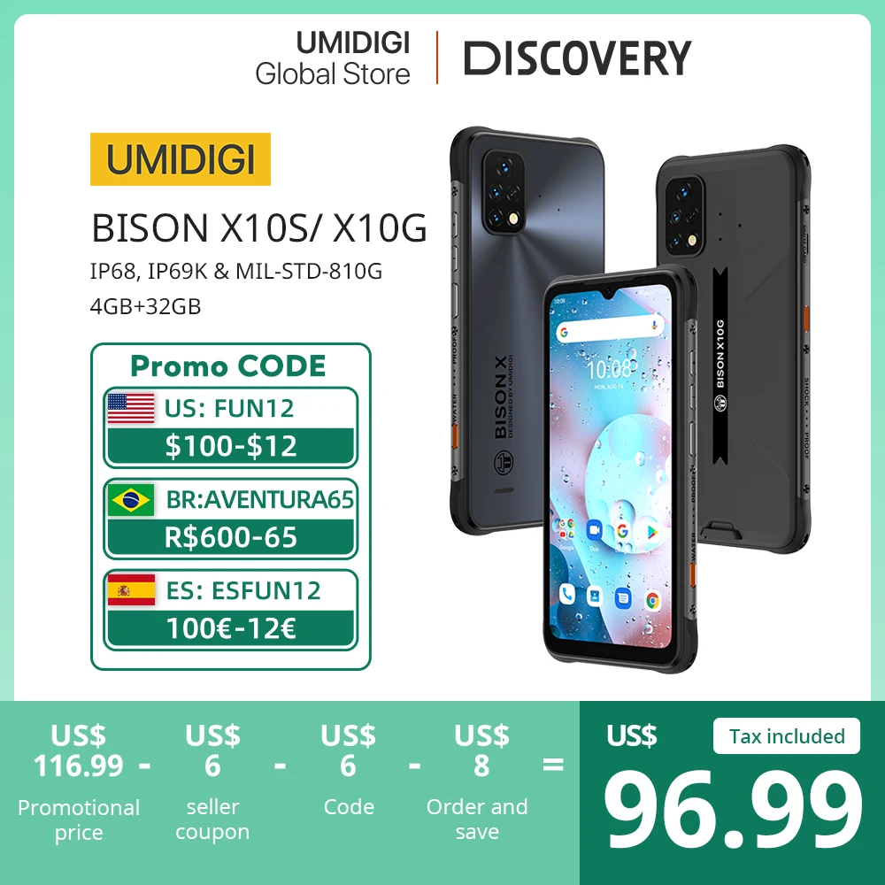 In Stock UMIDIGI BISON X10S X10G IP68/IP69K Waterproof Rugged Phone 6.53" HD+ 4GB+32GB 16MP 6150mAh Battery Smartphone
In Stock UMIDIGI BISON X10S X10G IP68/IP69K Waterproof Rugged Phone 6.53" HD+ 4GB+32GB 16MP 6150mAh Battery Smartphone