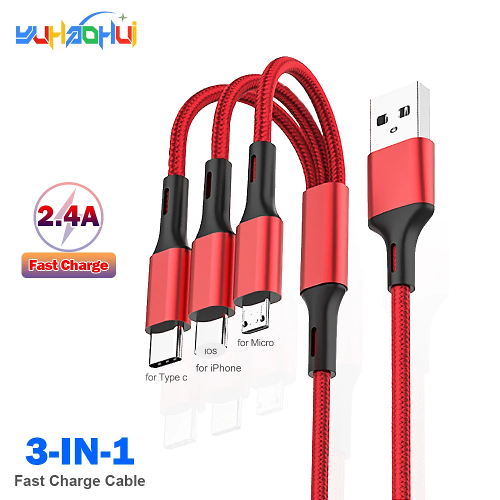 

2.4A Max 3-In-1 USB Cable Fast Charging Cable Lightning For iPhone Type C Mobile Phone Charge Cable For Xiaomi Samsung USB Micro