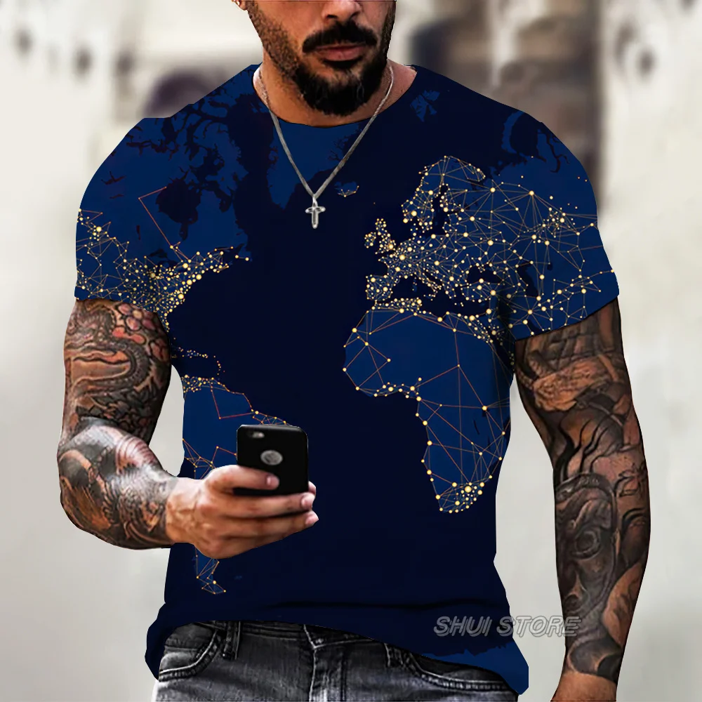 

New Men's T-shirts 3D World Map Graphic T-shirt Everyday Casual Tops Summer Fashion Short Sleeve High Street O-Neck Streetwear