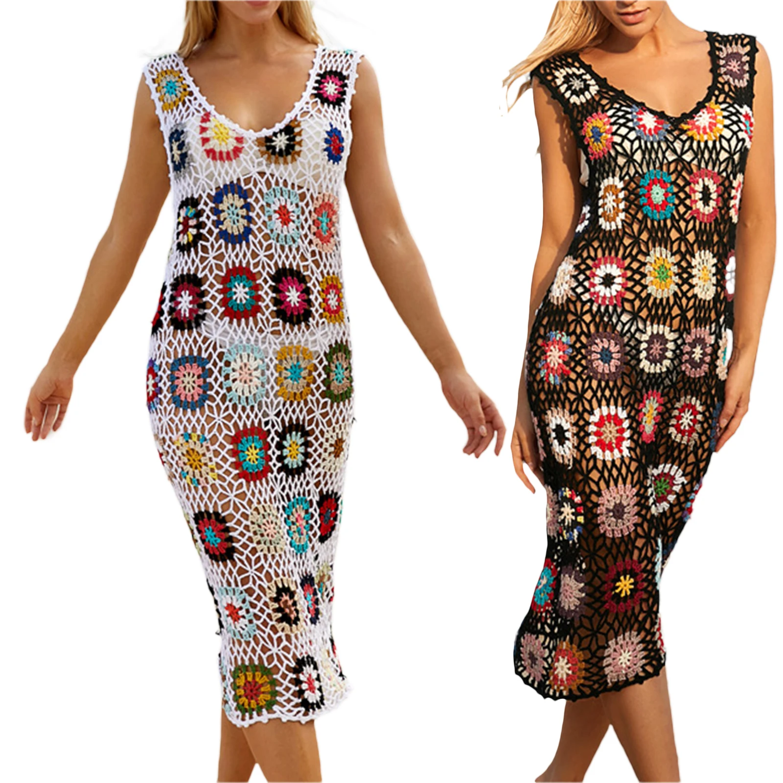 Crocheted Knitted Hollow Tank Dress Summer Floral Printed Colorful V-Neck Straight Style Wild Fashion Women Beach Midi Dress 
Crocheted Knitted Hollow Tank Dress Summer Floral Printed Colorful V-Neck Straight Style Wild Fashion Women Beach Midi Dress