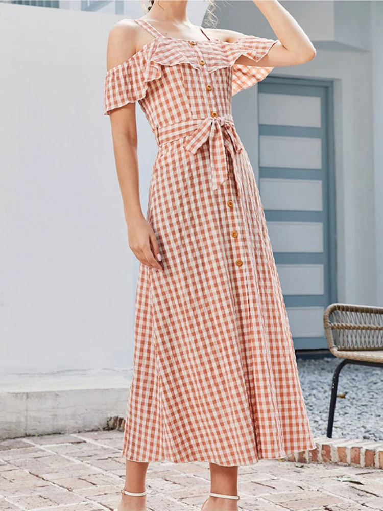Summer Casual Plaid Camisole Elegant Dress Women Designer Slash Neck Ruffle Sweet Dress Female Temperament Loose Chic Dress 2022
Summer Casual Plaid Camisole Elegant Dress Women Designer Slash Neck Ruffle Sweet Dress Female Temperament Loose Chic Dress 2022