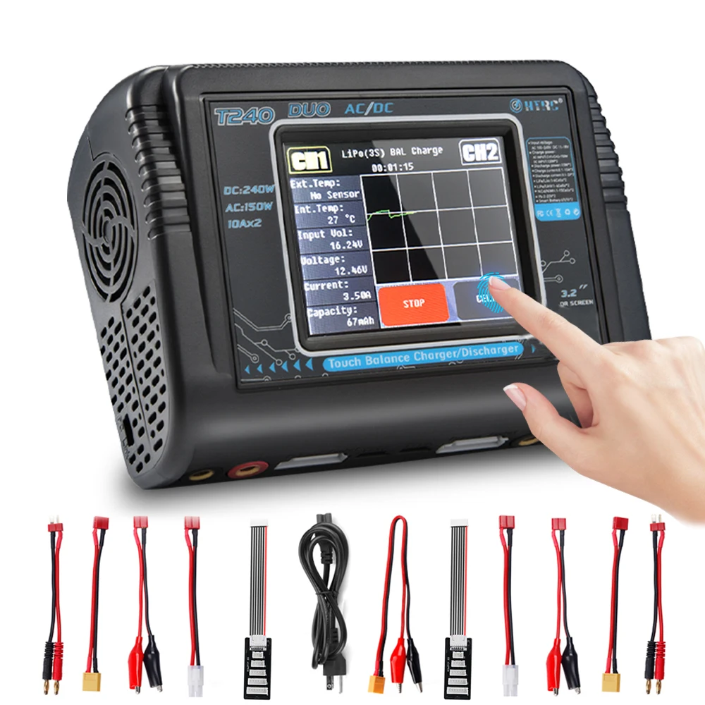 HTRC Charger T240 AC 150W DC 240W Balance Charger Touch Screen Dual Channel for RC Toys Lipo Pb LiFe Battery Discharger Charger
HTRC Charger T240 AC 150W DC 240W Balance Charger Touch Screen Dual Channel for RC Toys Lipo Pb LiFe Battery Discharger Charger