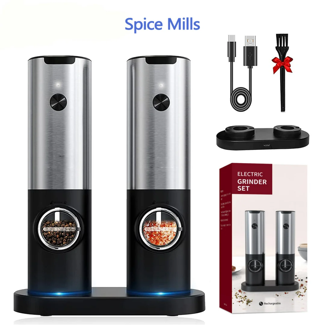 

Kitchen Tools Gourmet Spices Grinder Set Rechargeable Electric Salt Pepper Mills Charging Base Multifunction Automatic Grinder
