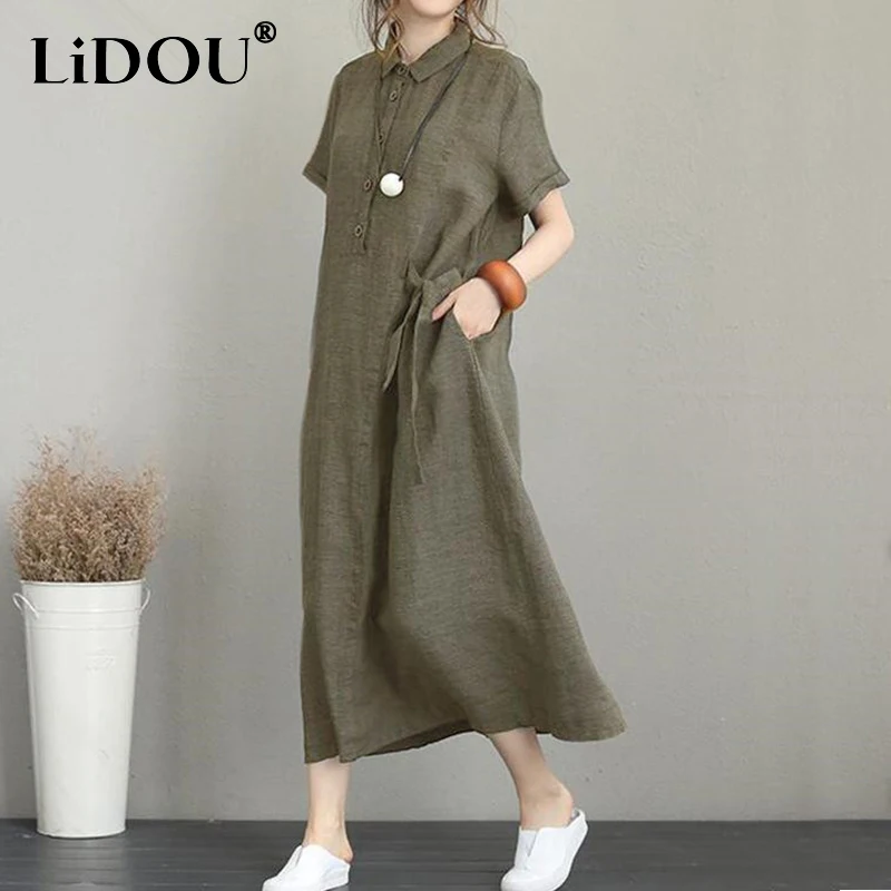 Summer New Loose Casual Oversized Cotton Linen Dress for Women Elegant Pockets Vintage Dresses Short Sleeve Elegant Long Robes
Summer New Loose Casual Oversized Cotton Linen Dress for Women Elegant Pockets Vintage Dresses Short Sleeve Elegant Long Robes