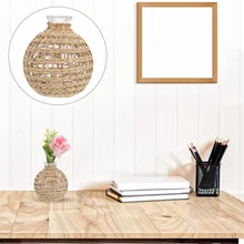 1pc flower wicker vase, round decorative glass flower vase with rattan cover, glass vase container with woven for floral