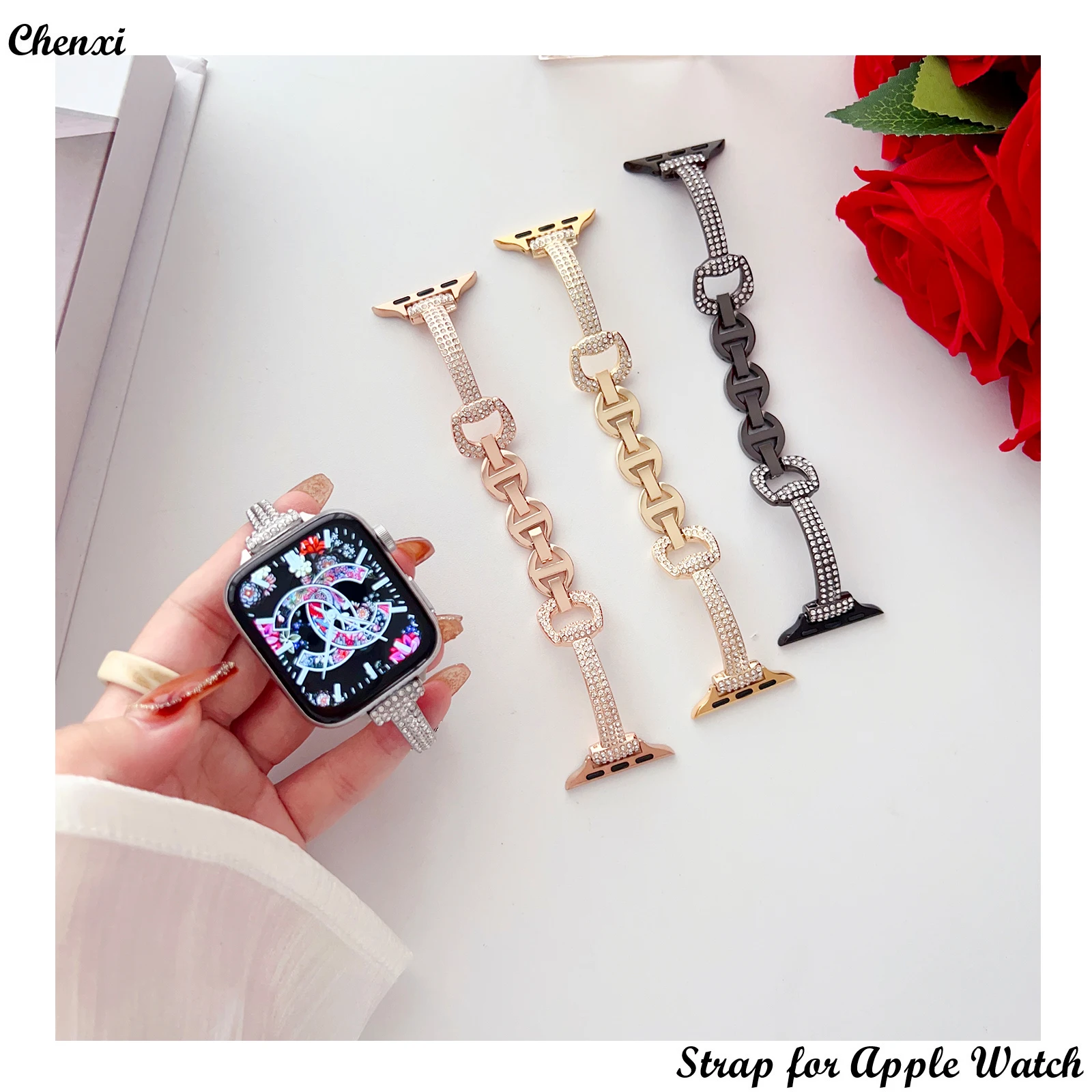 

Metal strap for Apple watch band D buckle bracelet chain for iwatch87654321SE Ultra38 40 41 42 44 45mm bling diamond women wrist