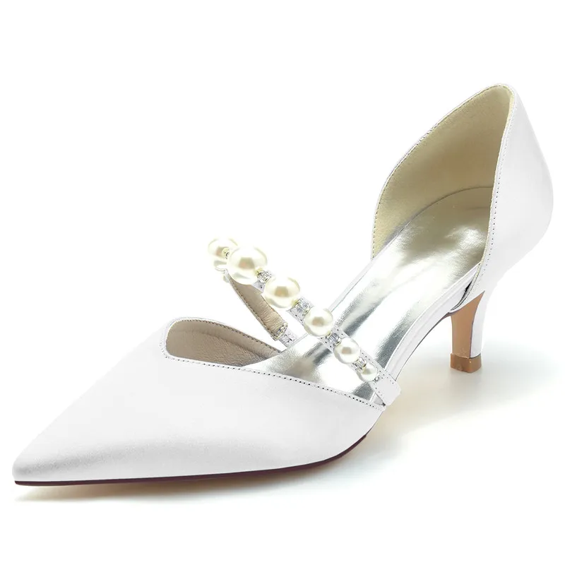 

Kitten Heels Wedding Pumps Shoes Women Satin Pearls Pointed Toe Slip on Mid Heels Shoes for/Cocktail/Engagement/Prom/Evening