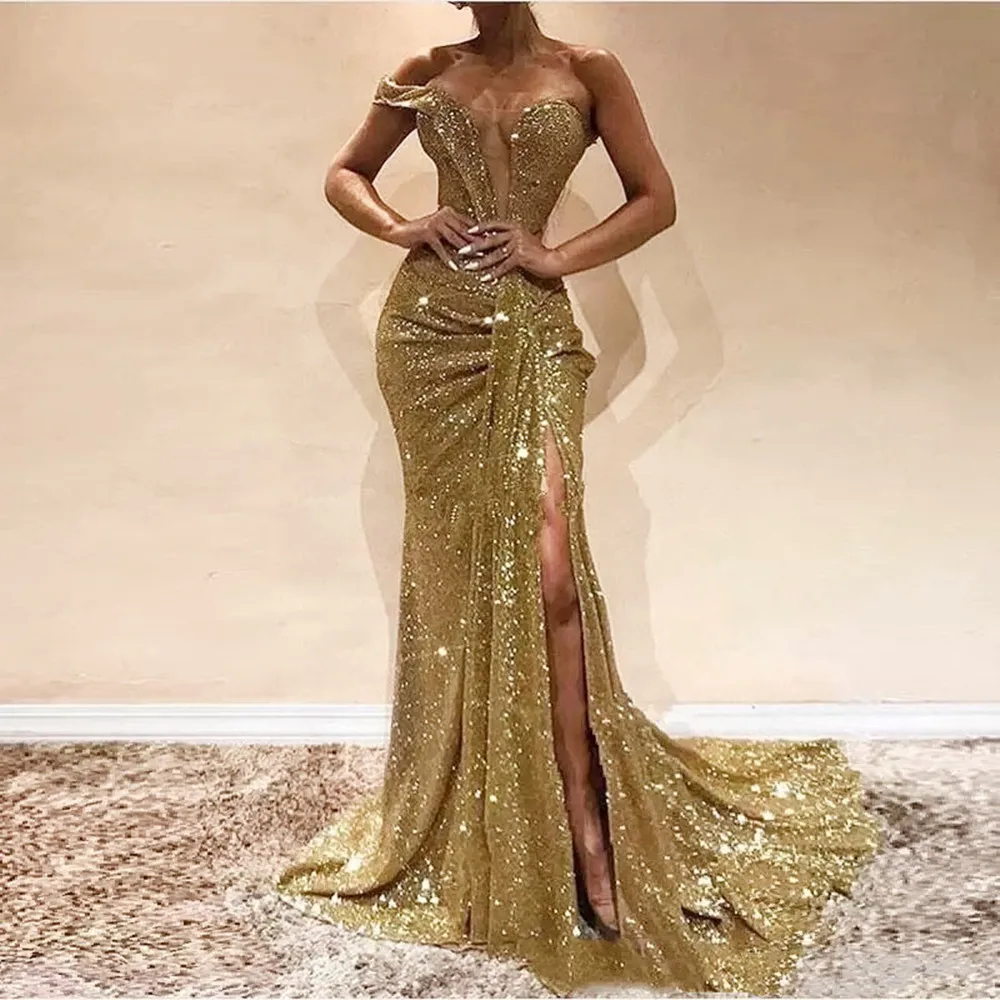 

Sexy Gold Sequins Prom Dresses One Shoulder Mermaid Pleats Slit Plunging Long Formal Evening Party Gowns Robe De Soiree