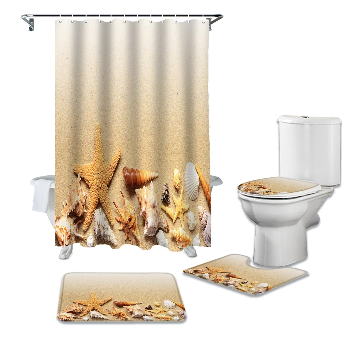 Beach Shells Starfish Conch Bathroom Shower Curtain Bath Mat Rug Carpets Set Toilet Lid Cover Floor Mats Bathroom Accessories
Beach Shells Starfish Conch Bathroom Shower Curtain Bath Mat Rug Carpets Set Toilet Lid Cover Floor Mats Bathroom Accessories