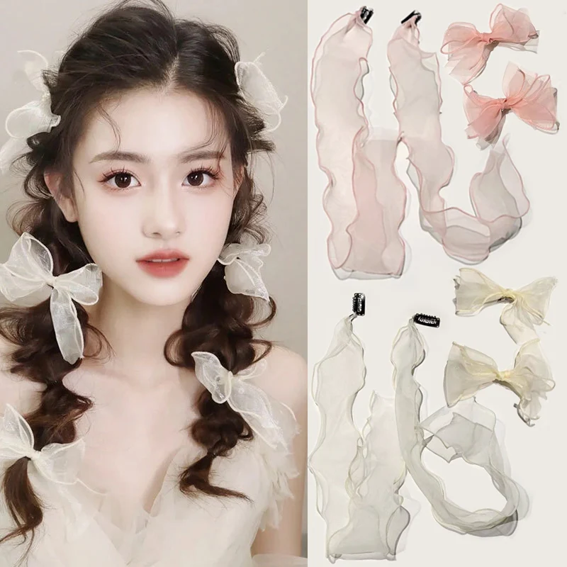 

8PCS Korean Bowknot Hair Clips Mesh Hairband Female Pure Desire Super Fairy Braided Hairpin Streamer Headdress Hair Accessories