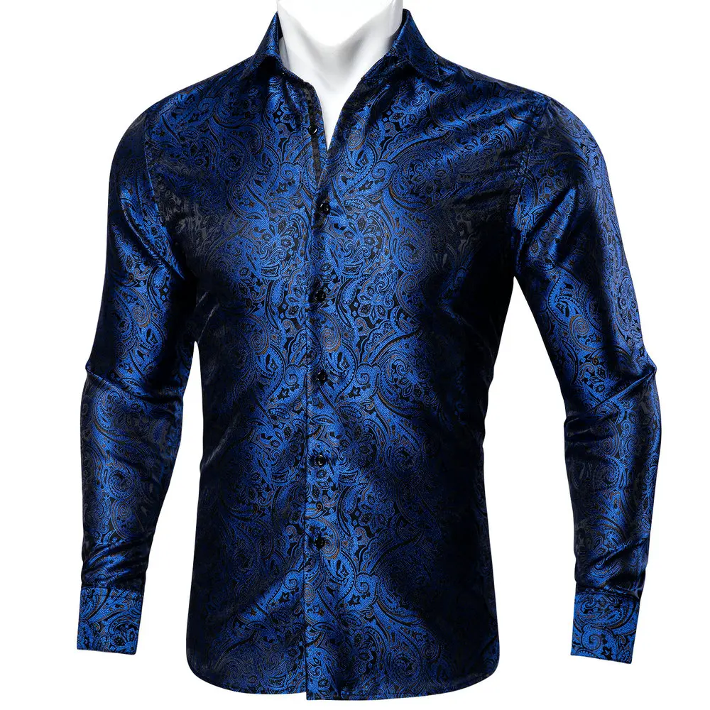 

Novelty Dark Blue Paisley Long Sleeve Polyester Mens Shirt Casual Fit Jacquard Turndown Collar Business Wedding Party Barry.Wang