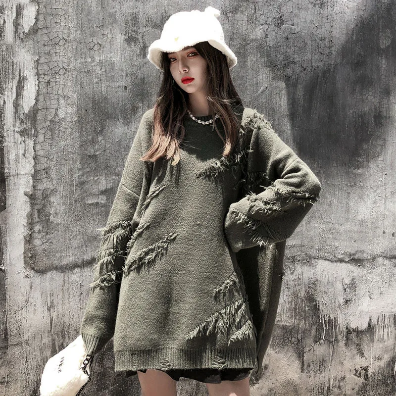 Autumu Winter Women Knitted Tops High-street Hole Distressed Jumper Round Neck Solid Pullovers Harajuku Tassel Sweaters Hip Hop
Autumu Winter Women Knitted Tops High-street Hole Distressed Jumper Round Neck Solid Pullovers Harajuku Tassel Sweaters Hip Hop